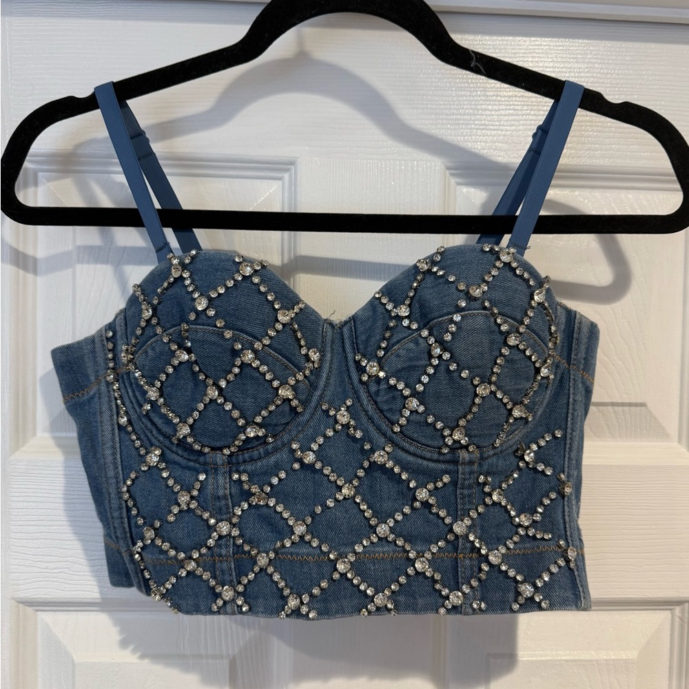 Aced It Embellished Denim Bustier Top